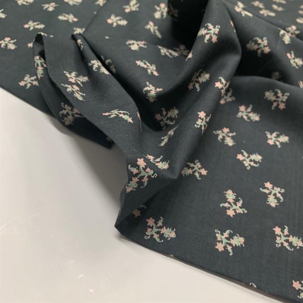 Bomuldslrred i koksgr med smt blomsterprint - pr. 0,25 meter