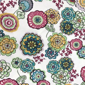 Bomuldslrred med strk - Hvid med farverige blomster - pr. 0,25 meter