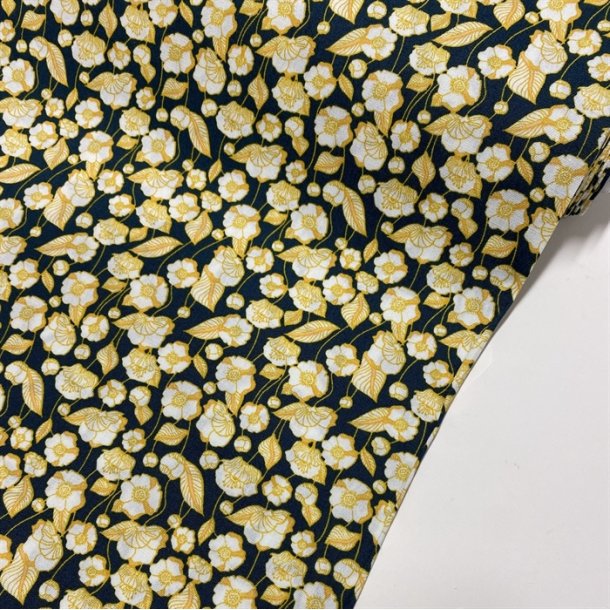 Bomuldspoplin i mrkegrn med gule blomster - pr. 0,25 meter