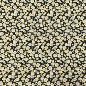 Bomuldspoplin i mrkegrn med gule blomster - pr. 0,25 meter