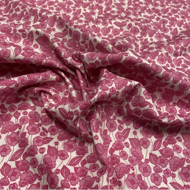 Bomuldspoplin i hvid med rosa blomster - pr. 0,25 meter