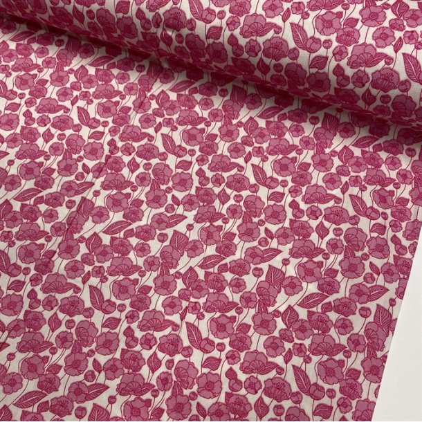 Bomuldspoplin i hvid med rosa blomster - pr. 0,25 meter