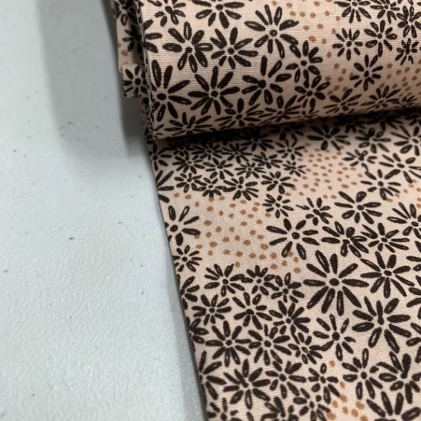 Bomuldspoplin i beige med blomster og prikker - pr. 0,25 meter