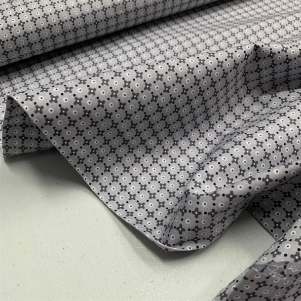 Bomuldspoplin i gr med grt mnster - pr. 0,25 meter