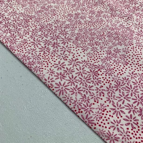Bomuldspoplin i hvid med blomster og prikker i rosa - pr. 0,25 meter