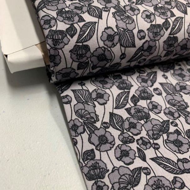 Bomuldspoplin i lysegr med mrkegr blomster - pr. 0,25 meter