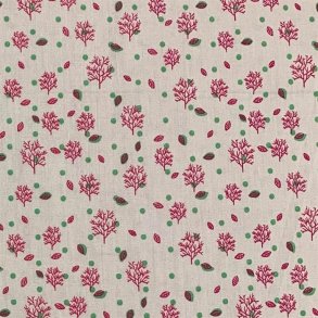 Bomuldspoplin i sand med sm trer og blade - pr. 0,25 meter