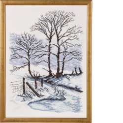 Broderi (billede) med sne landskab 