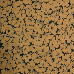 Digital printet bomuldsl�rred i sort med blomster i gylden okker - pr. 0,25 meter