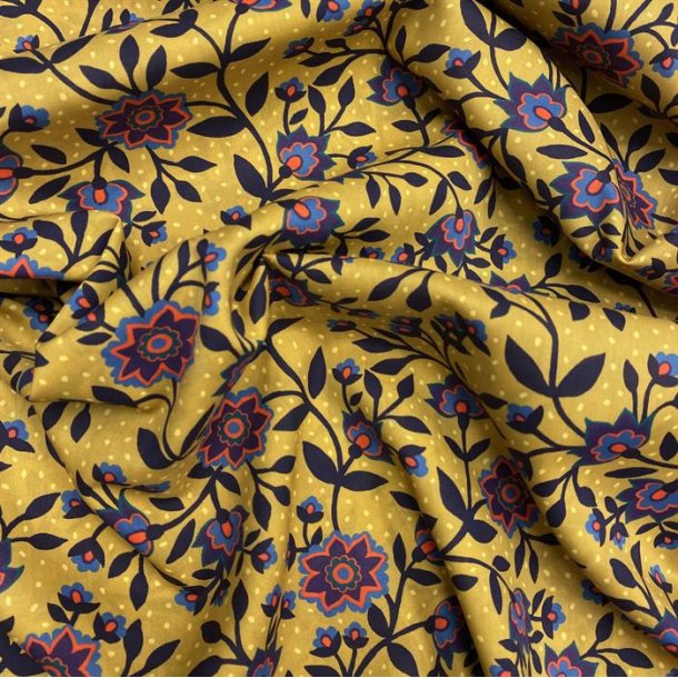 Liberty i gul med bl blomster og lyse prikker - pr. 0,25 meter 