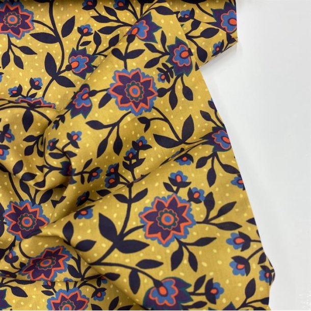 Liberty i gul med bl blomster og lyse prikker - pr. 0,25 meter 