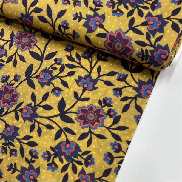 Liberty i gul med bl blomster og lyse prikker - pr. 0,25 meter 