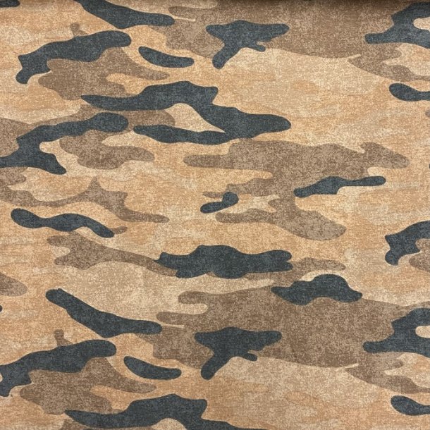 Sweatshirtstof med camouflageprint i gyldne nuancer - pr. 0,25 meter. 