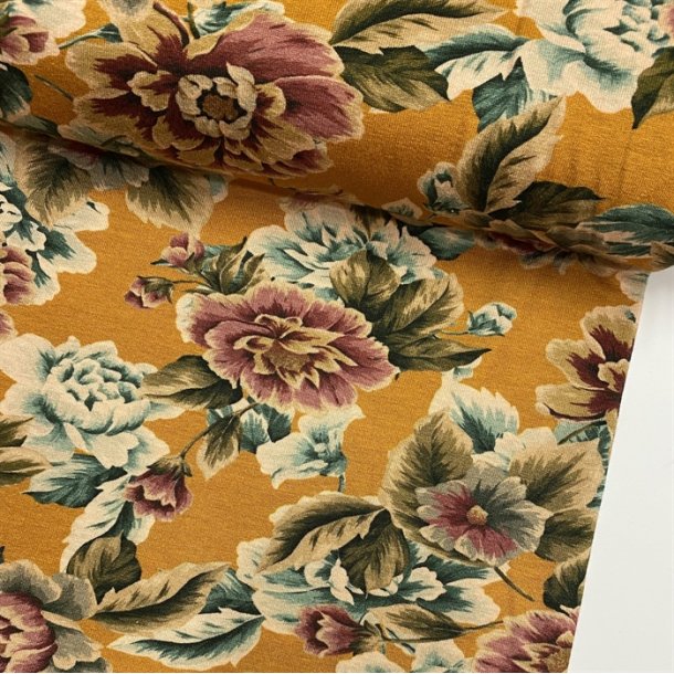 Italiensk viskosejersey i gul med blomster - pr. 0,25 meter
