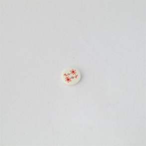 Hvid rund plastknap med to r�de blomster - 11 mm
