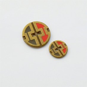 Bronzefarvet metalknap med m�nster i sort og r�d, 16 og 24 mm