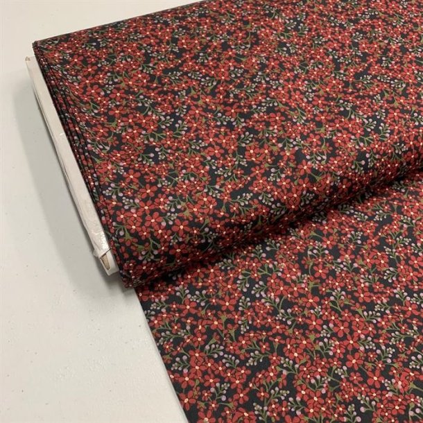 Liberty bomuld I sort med r�de blomster, 2121 B - pr. 0,25 meter