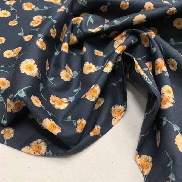 Liberty bomuldslrred i mrkebl med gule blomster - pr. 0,25 meter
