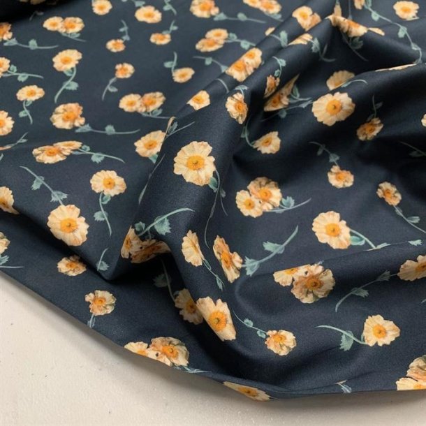 Liberty bomuldslrred i mrkebl med gule blomster - pr. 0,25 meter