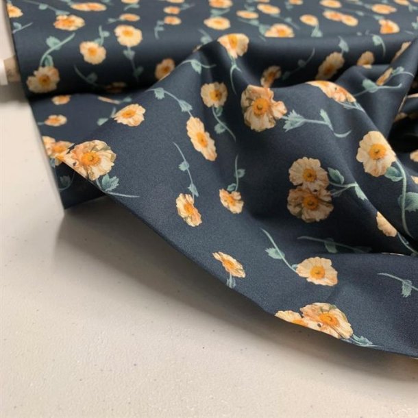Liberty bomuldslrred i mrkebl med gule blomster - pr. 0,25 meter