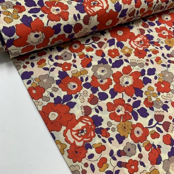 Liberty bomuldslrred 'Betsy Tana Lawn' i rhvid med blomster i rust, lilla og karry 00103 C - pr. 0,25 meter