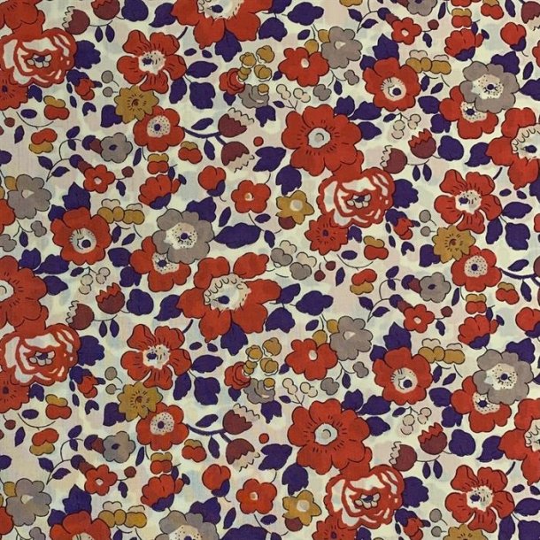 Liberty bomuldslrred 'Betsy Tana Lawn' i rhvid med blomster i rust, lilla og karry 00103 C - pr. 0,25 meter