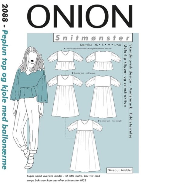 Onion 2088 - Peplum top og kjole med ballonrme. Snitmnster