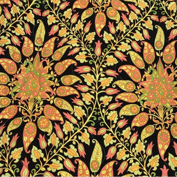 Quiltet polyester med orange paisley mnster - pr. 0,25 meter 