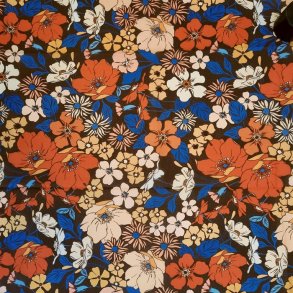 Bomuldsl�rred med store blomster p� m�rkebrun bund - pr. 0,25 meter.