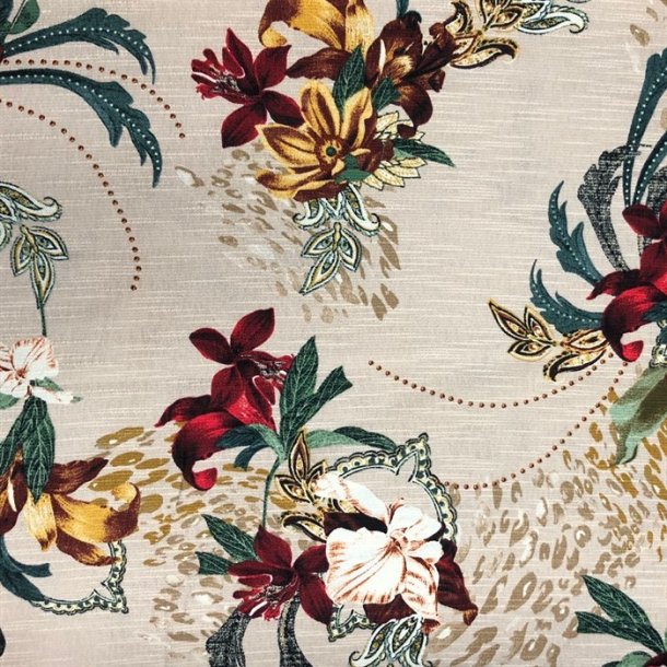 Vvet bomuld / viskose med blomster, pletter og andet dekoration - pr. 0,25 meter
