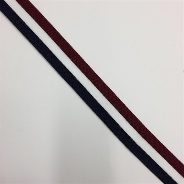 Strikket bnd i hvid/marine/bordeaux 38 mm - pr. meter