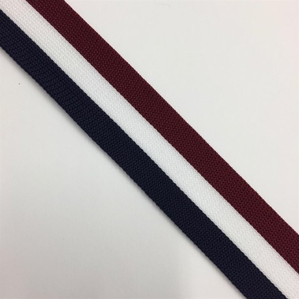 Strikket bnd i hvid/marine/bordeaux 38 mm - pr. meter