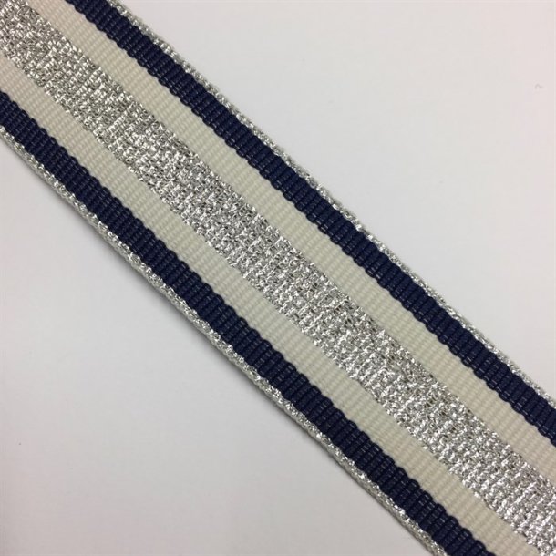 Vvet bnd i marine og rhvid med slvglimmer, 25 mm - pr. meter