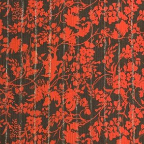 Viskose i brun med blomster i orange og nlestrib i guld og slv - pr. 0,25 meter