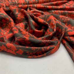 Viskose i brun med blomster i orange og nlestrib i guld og slv - pr. 0,25 meter