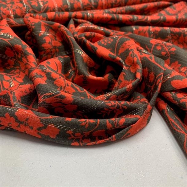 Viskose i brun med blomster i orange og nlestrib i guld og slv - pr. 0,25 meter