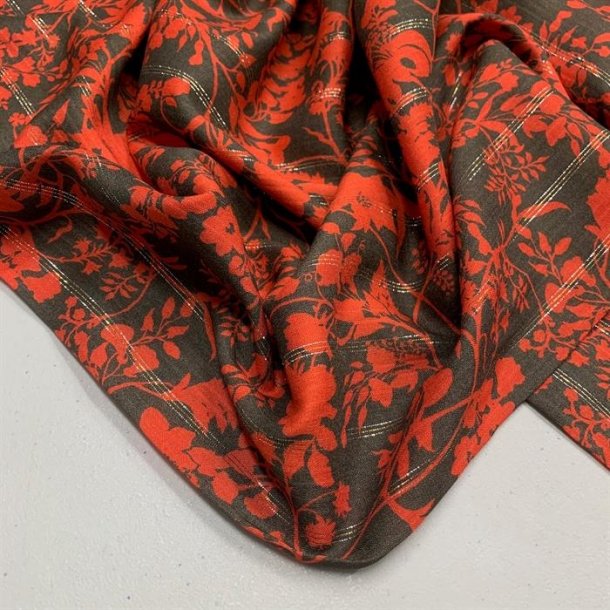 Viskose i brun med blomster i orange og nlestrib i guld og slv - pr. 0,25 meter