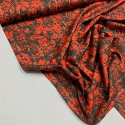 Viskose i brun med blomster i orange og nlestrib i guld og slv - pr. 0,25 meter