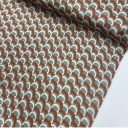 Orange viskose med buer i hvid og turkis - pr. 0,25 meter