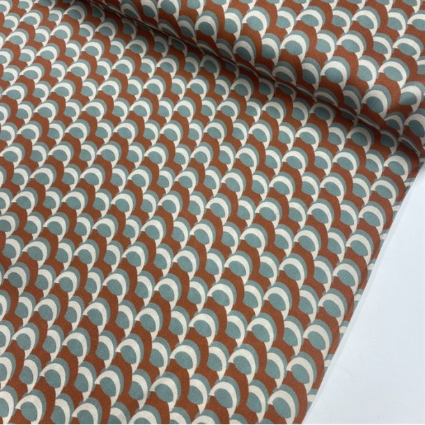 Orange viskose med buer i hvid og turkis - pr. 0,25 meter