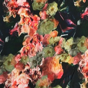 Viskose i sort med farverigt blomstermix - pr. 0,25 meter