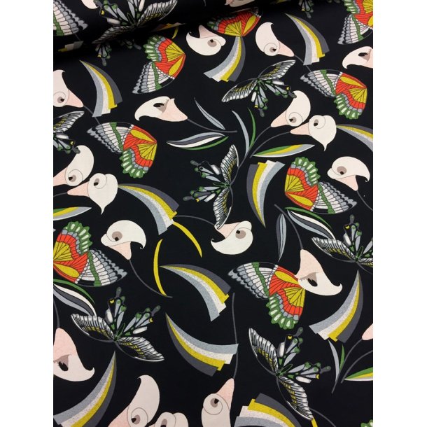 Viskose jersey med sommerfugle og calla liljer - pr. 0,25 meter