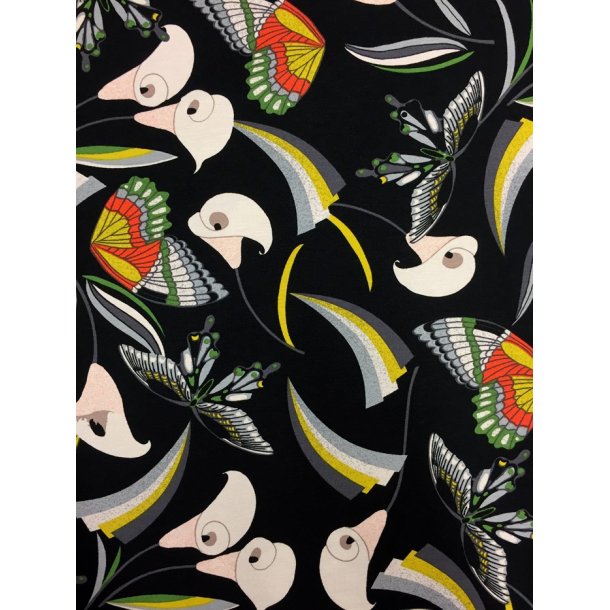 Viskose jersey med sommerfugle og calla liljer - pr. 0,25 meter