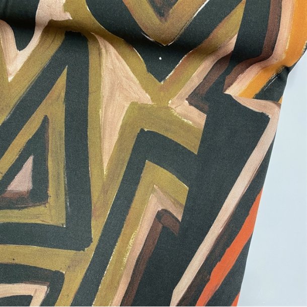 Viskose med malet motiv i grn og orange - pr. 0,25 meter 