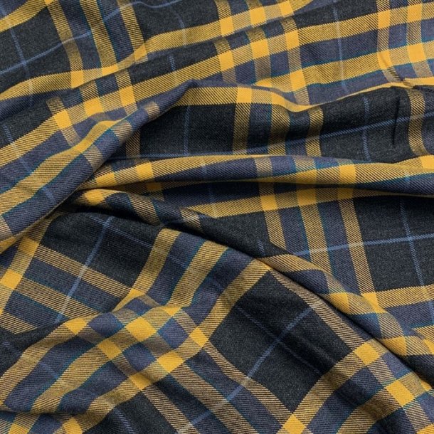 Viskose med polyester i ternet mnster i gul, indigobl og sort - pr. 0,25 meter
