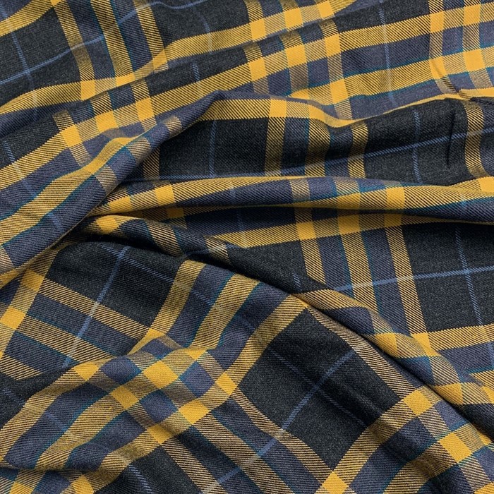 Viskose med polyester i mønster gul, blå og sort